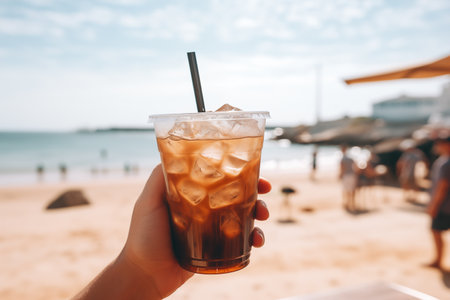 Male hand holding ice Cola on beach. Smiling happy guy with cold drink outdoor. Resting in summer. Generative AIの素材