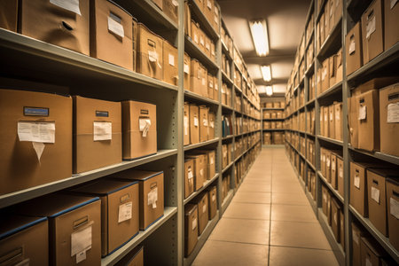 Warehouse of cardboard boxes in accounting department. Storage for documents. Important place. Generative AIの素材