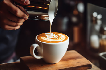 Barista pouring cream or steamed milk into coffee cup making latte art decorative pattern. Closeup view. Generative AIの素材