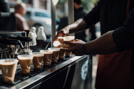 Person making coffee to go in coffee machine. Process pouring coffee into cup outdoor. Generative AIの素材