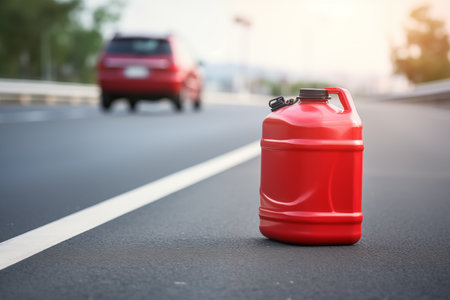 Fuel canister on road. Red tank for refueling cars on summertime. Generative AIの素材