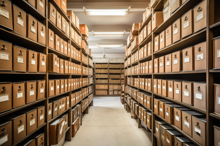 Large warehouse of cardboard boxes in accounting department. Storage for documents. Important place. Generative AIの素材