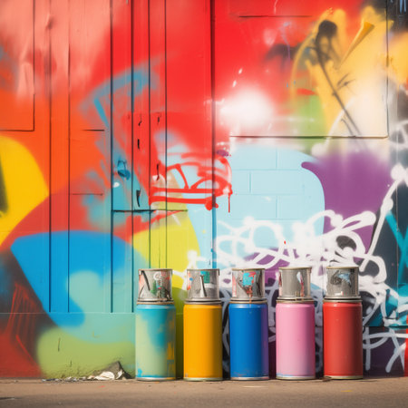 Various spray paint cans against graffiti on the wall. Modern original drawing on wall of building. Focus on bottle of spray. Generative AIの素材