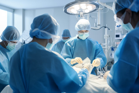 Surgery in the hospital. Experienced doctors working together. Team of professionals saving live. Teamwork indoor. Generative AIの素材