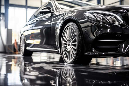 Luxury black car in showroom closeup. Beautiful fast useful machine for sale. Generative AIの素材
