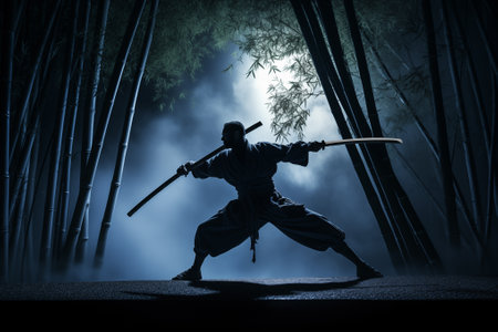 Samurai among bamboo trees at night. Ninja training in rainforest. Alone men with sword. Generative AIの素材
