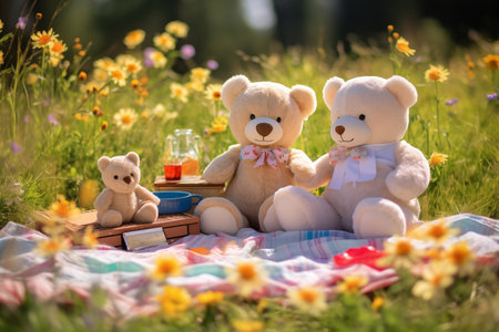 Cute teddy bears sitting on picnic outdoor. Small kids toys on sunny day nearly summer flowers. Generative AIの素材
