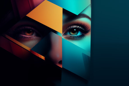 Closeup cropped woman face with multicolored shapes. Creativity, beauty, imagination, vast inner world and soul vision concept. Generative AIの素材