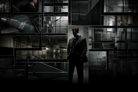 Thoughtful businessman wearing formal suit over busy office dark background. Image representing business chaos and order. Burnout, mental health or tired manager. Generative AIの素材