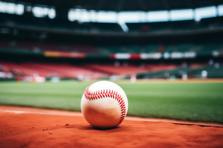 Baseball ball on play field on stadium. Equipment for professional game on ground. Generative AIの素材