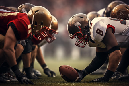 Beginning of american football game on stadium. Players full of energy getting ready for game. Men wearing helmets. Generative AIの素材