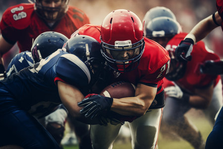 American football players fighting for the ball in the rain. Two professional opposition men wearing helmet and sportswear attack each other on the field. Championship. Generative AIの素材
