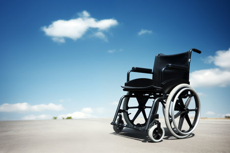 Empty wheelchair on ground on sunny day. Black transport for people with disabilities. Warm weather. Generative AIの素材