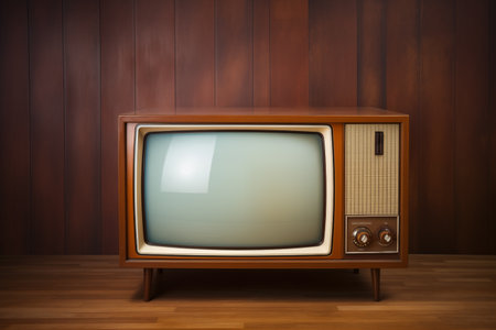 Retro old TV on wooden background. Small vintage television set on wooden surface. Generative AIの素材