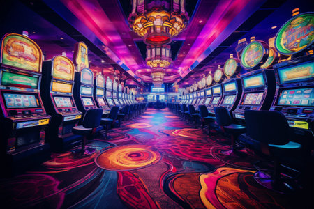 Slot machines in casino. Brightly apparatus at neon light for gambling. Place for spending money for fun. Fortune and nightlife. Generative AIの素材
