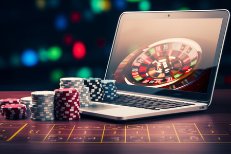 Concept online casino, chips and laptop on table. Spending money for fun. Roulette and others gambling for luck. Risks and jackpots. Generative AIの素材