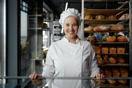 Smiling beautiful woman in uniform standing at delivery table of bakery shopの写真素材