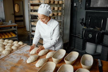 Professional positive woman baker forming loaf from raw doughの写真素材