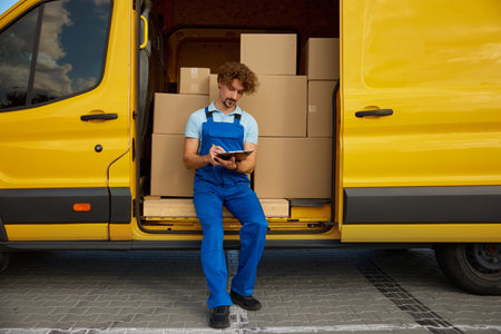 Young courier in overalls sitting at minivan filling in delivery form