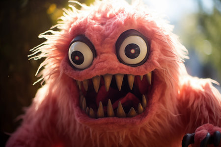 Funny creepy pink furry monster outdoor. Fluffy beast head with big round ices and white sharp tooth. Generative AIの素材