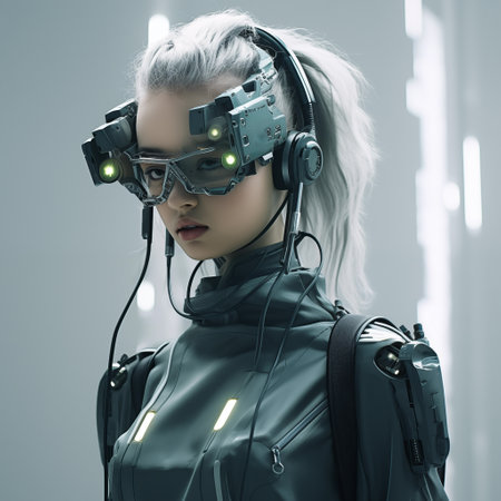 Young trendy fashion woman wearing futuristic goggles portrait. Beautiful female immersed in augment virtual reality game. Gaming and entertainment of the future. Generative AIの素材