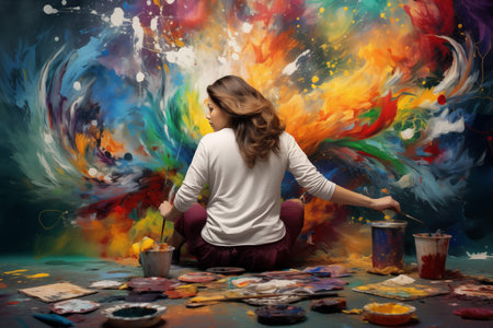 Back view of pretty young lady sitting and drawing art splatters on wall. Woman painting using vibrant colors. Generative AIの素材