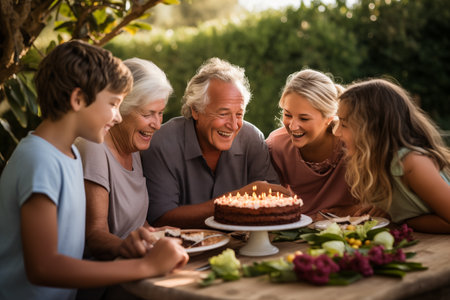 Happy grandchildren celebrate birthday with their grandparents outdoor. Smiling family enjoying moment together. Home party. Generative AIの素材