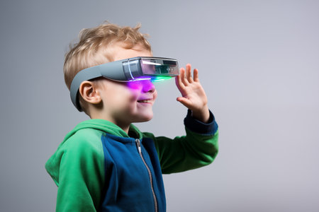 Happy smiling little boy child wearing vr glasses headset and experiencing augment reality, playing virtual game or studying world in cyberspace. Generative AIの素材