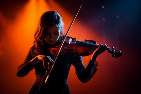 Young lady playing violin on scene against light. Female artist enjoy playing. Classic music concert. Generative AIの素材