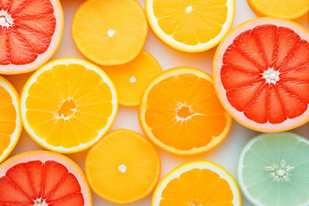 Top view of colorful citrus slices. Grapefruit, orange and lime. Tasty exotic fruits. Generative AIの素材