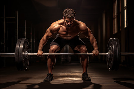 Strong male bodybuilder exercising with barbell. Weightlifting for wellness and athletic sportive body. Generative AIの素材