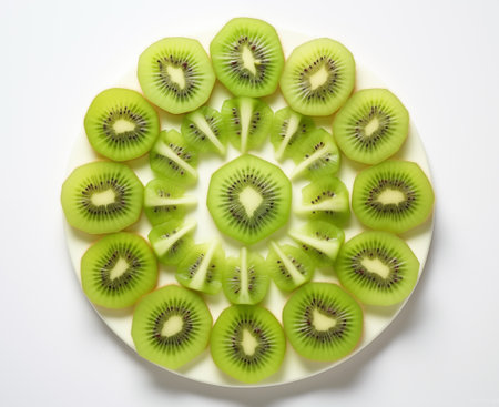 Top view of fresh ripe kiwi background. Succulent exotic fruit with seeds. Generative AIの素材