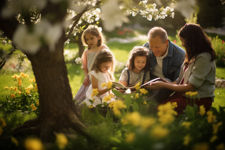 Happy family spending time together on spring under tree. Laughing, reading books. Parents and daughters enjoying the moment outdoor. Generative AIの素材