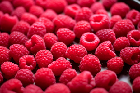 Sweet tasty raspberries in heap. Yummy healthy sweet berries for snack. Generative AIの素材