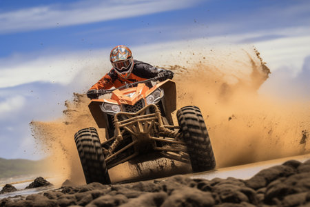 Sportsman riding fast atv vehicle in desert. Extreme sports competition on quad bike outdoor. Generative AIの素材