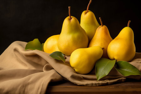 Still life of ripe pears. Composition of fruit with cloth on black background. Generative AIの素材