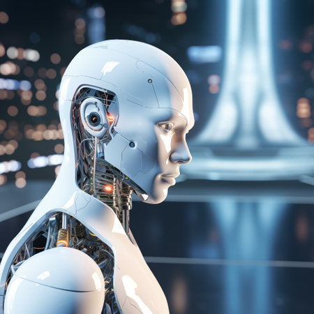 Side view portrait of futuristic robot over blurred city background. Artificial intelligence cyborg. Innovation technology concept. Generative AIの素材