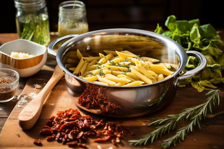 Cooking delicious traditional italian pasta in bowl still life. Tasty home food or restaurant meal concept. Generative AIの素材