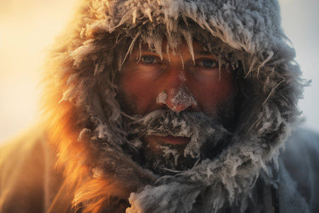 Closeup portrait of handsome man in hood with frozen eyebrows, beard and mustache on face. Cold winter weather, low seasonal temperature. Generative AIの素材