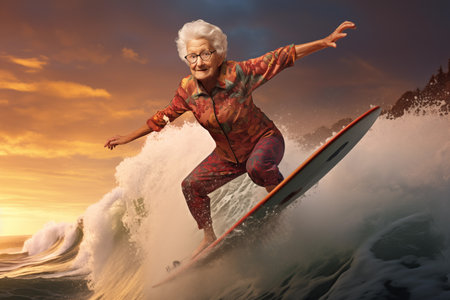 Crazy funny sportive old senior woman surfer standing on surfboard catching wave riding confidently in ocean water. Elderly people, healthy lifestyle and extreme sport hobby recreation. Generative AIの素材