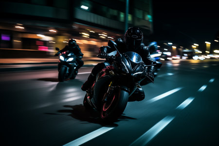 Two racing motorcycle drivers with dynamic speed light trails in night city street. Generative AIの素材