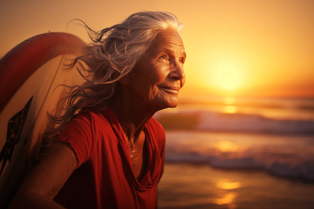 Headshot portrait of excited smiling elderly woman surfer standing over marine background on romantic sunset. Healthy aged people loving extreme sport lifestyle. Generative AIの素材