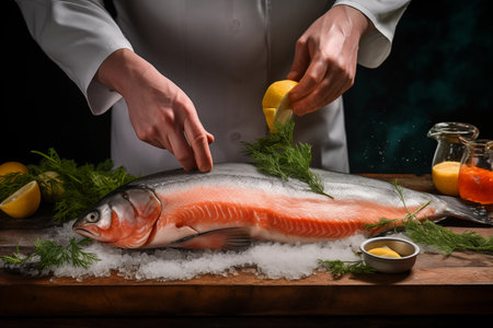 Closeup midsection view on male master chef in uniform cooking salmon fish adding salt and lemon. Process of seafood preparation at kitchen table. Generative AIの素材