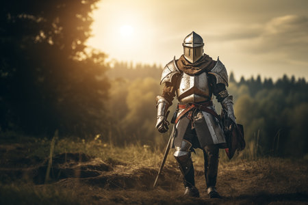 Brave medieval knight walking through forest valley landscape. Armored heroic crusader in sunset light beams. Generative AIの素材