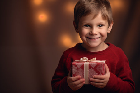 Little happy boy child smiling with excited emotion holding festive wrapped gift box in hands. Birthday party, Christmas or New Year holiday greeting and celebration. Generative AIの素材