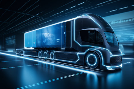 Modern futuristic lorry truck with neon illumination. High speed and luxurious semi-truck with electric scheme on body. Generative AIの素材