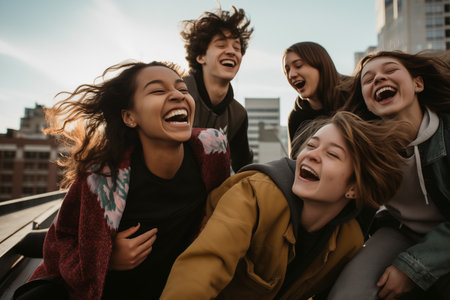 Laughing teenager people having fun time together. Multiethnic group of diverse millennial friends feeling excitement enjoying closeness. Generative AIの素材