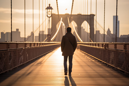 Back view of young man pensively walking along the bridge at sunset over cityscape background. Generative AIの素材