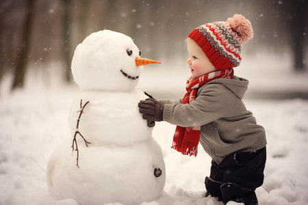 Little kid playing with snowman outdoors under snowfall over winter snowy park background. Wintertime vacation and holiday activity. Generative AIの素材