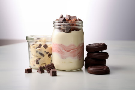 Sweet food on table composition. Chocolate, strawberries, whapped cream and cookies still life. Generative AIの素材